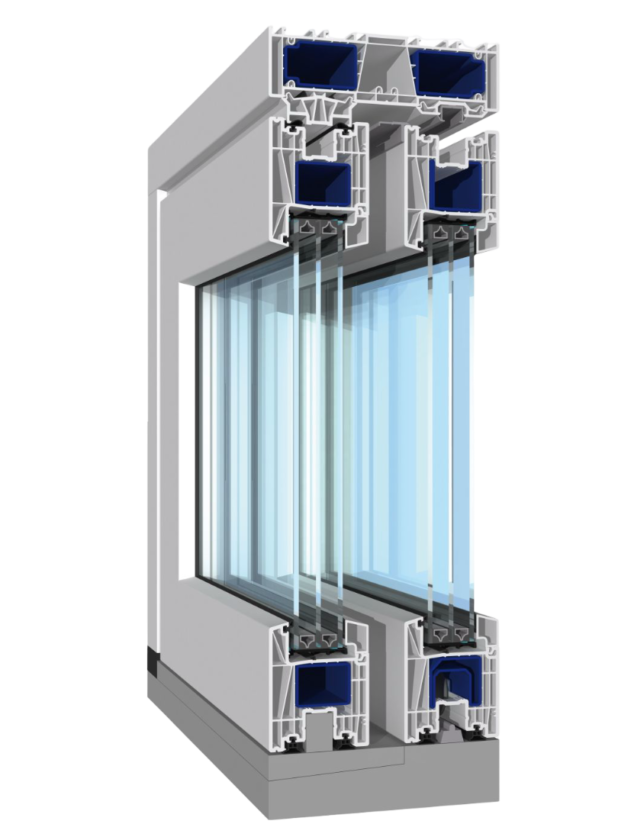 Cross-section of a multi-chamber uPVC window frame with double-glazed glass and blue spacers.