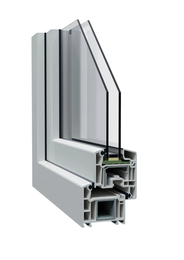 Cross-section of a white PVC window frame with a double-glazed glass unit and multiple hollow chambers for insulation in black-on-white profile