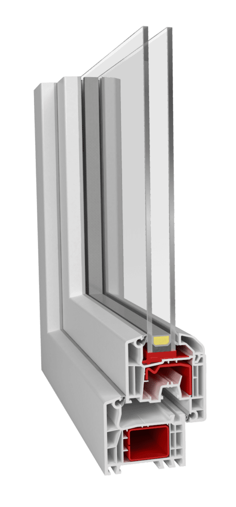 Cross-section of a white uPVC window frame with double-glazed glass and red internal reinforcement chambers.