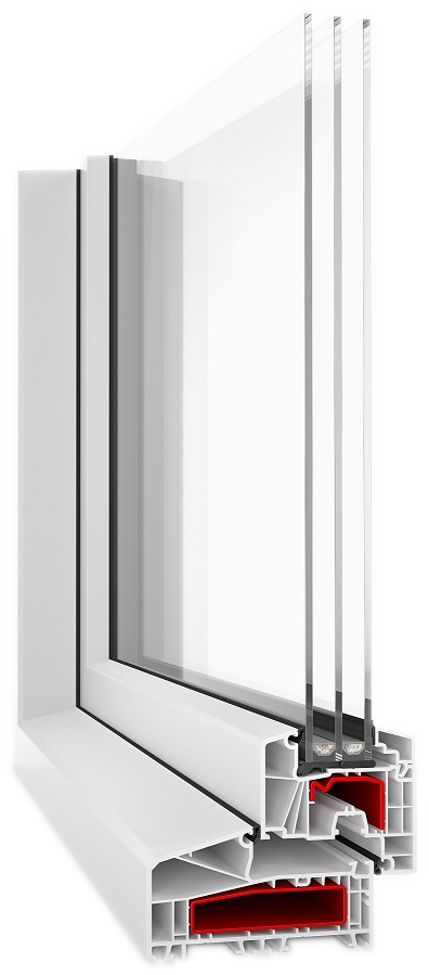 Cross-section of a white uPVC window frame showing triple-glazed glass and red insulation chambers.
