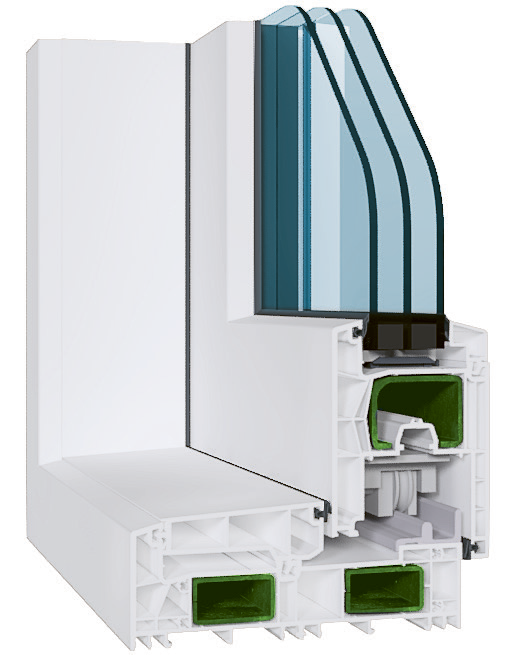 Cross-section of a white uPVC window frame with triple-glazed glass panels and green seals.