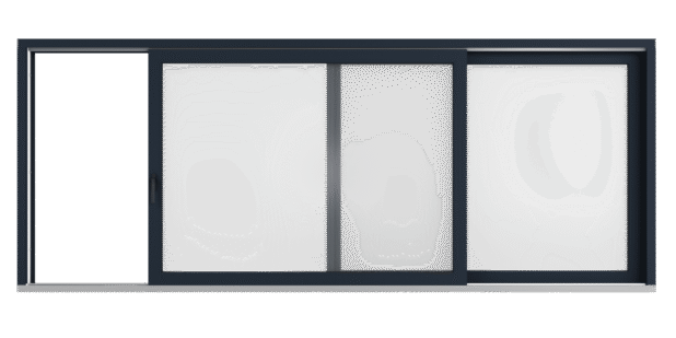 Dark-framed, three-panel sliding glass window with frosted panes and a metal sill.