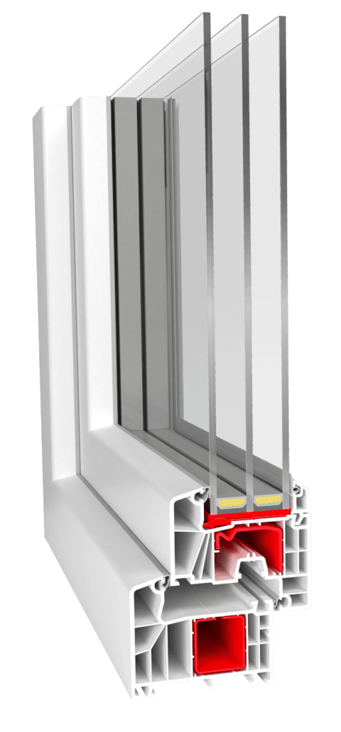 Cross-sectional view of a white PVC window frame with triple glazing and multiple insulation chambers