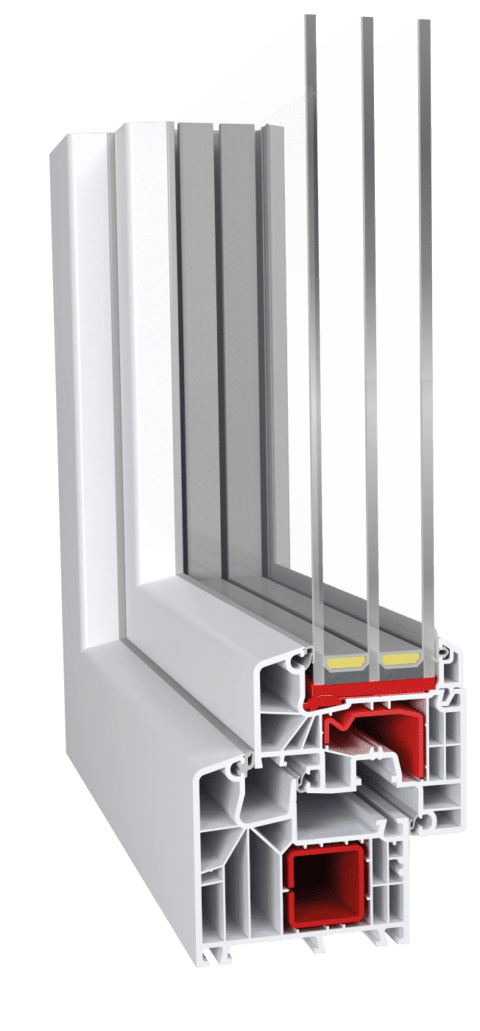 Cross-section of a white PVC window frame showing triple-glazed insulated glass with red seals and internal chambers