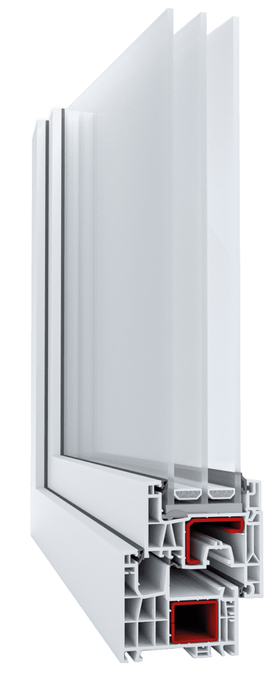 Cross-section of a white window frame showing triple-glazed glass and multi-chamber insulated profile with red seals.