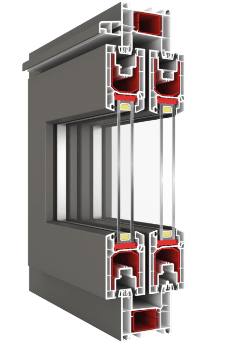 Cross-section of a multi-chamber window frame showing insulation and red sealing gaskets around the glass pane.