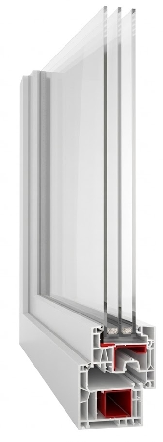 Cross-section of a white uPVC window frame with triple-glazed glass panes.