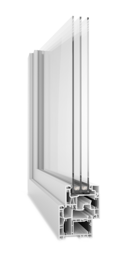 Cross-section of a white PVC window frame showing a multi-chamber profile and triple-glazed glass and panes.