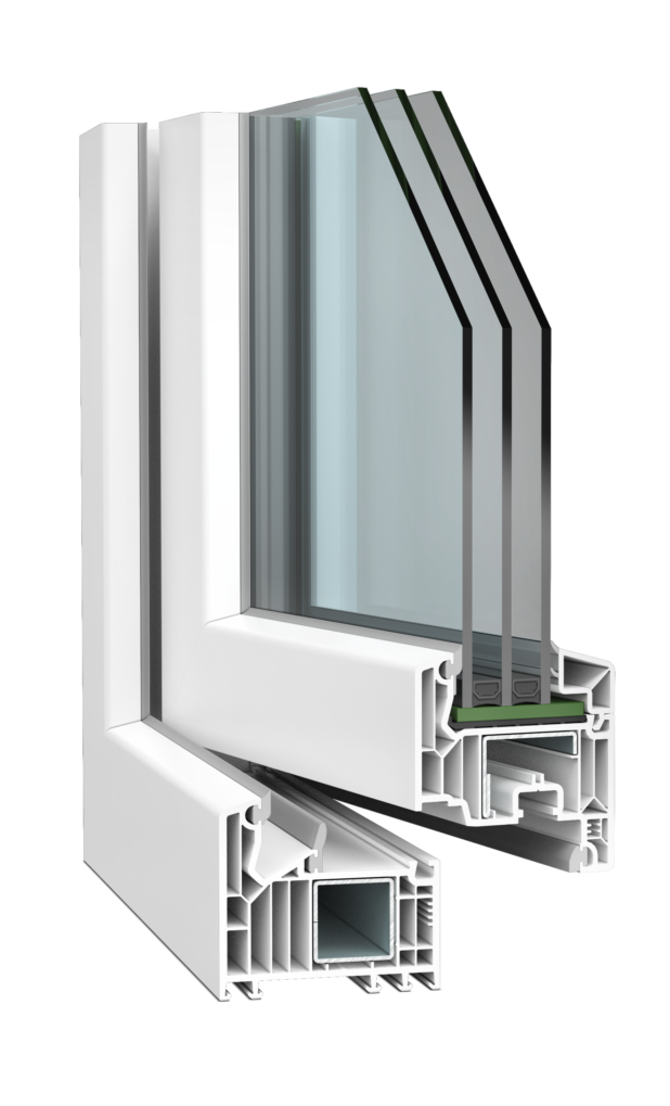 Cross-sectional cutaway of a modern window frame showing white PVC profile, glass panes, and internal chambers (insulation).