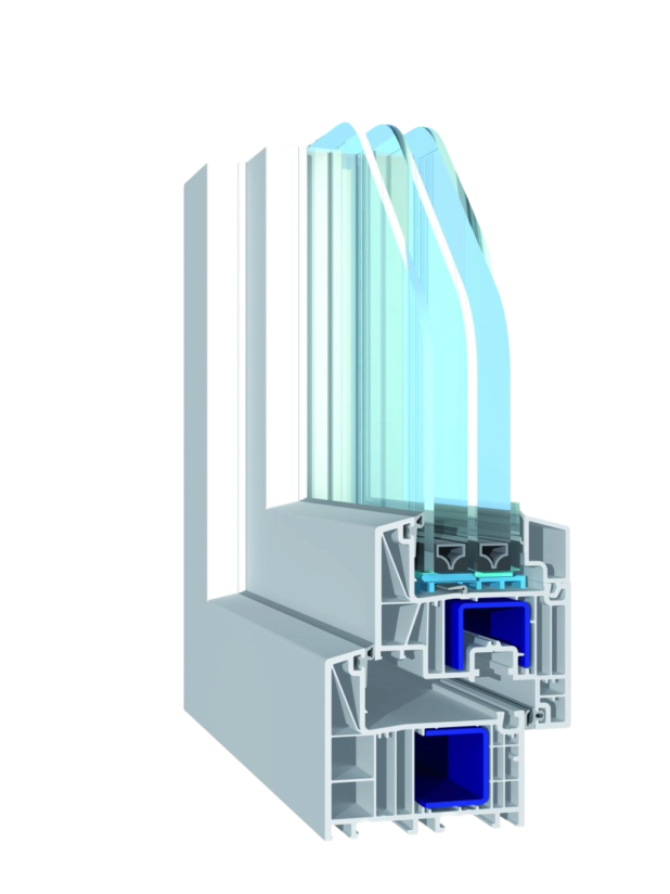 Cross-section of a triple-glazed window with a white PVC frame and blue insulating spacers.