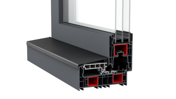 Cross-section of a gray multi-chamber window frame with a glass pane and red internal channels.