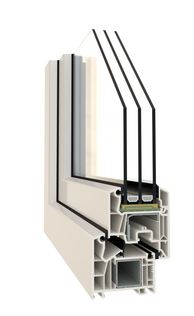 Cross‑sectional view of a white multi-chamber PVC window frame showing glazing bead areas and a metal reinforcement inside the profile.