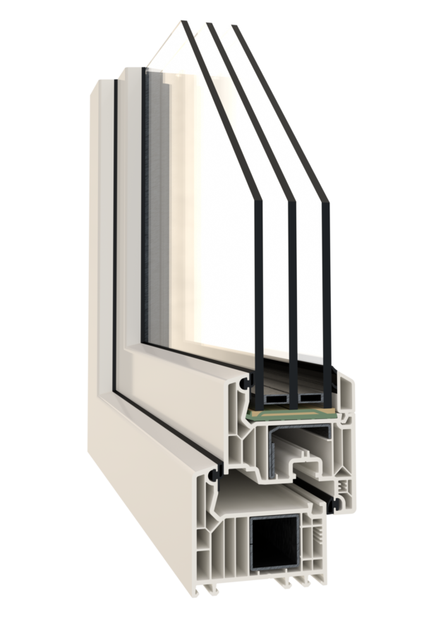 Cross-section of a multi-chamber window frame showing glass panes, seals, and hollow channels