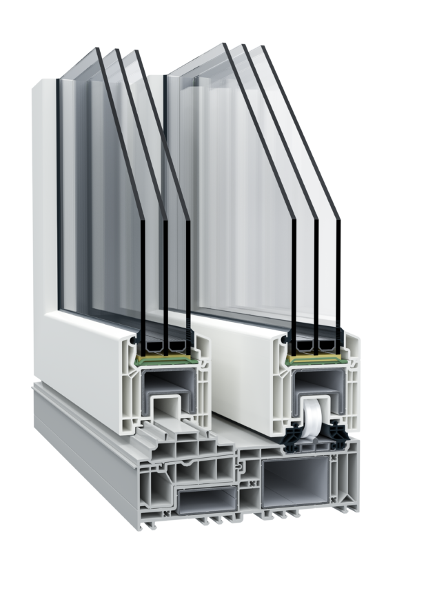 Cutaway view of a multi-chamber window frame with insulated glazing and seals, showing internal cavities and muntins.