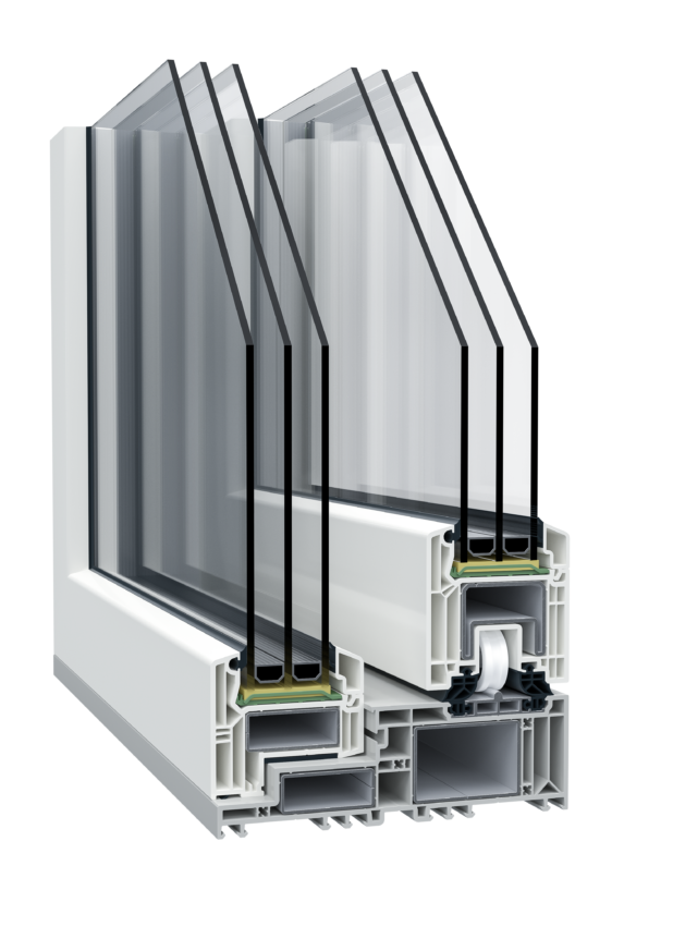 Cross-section of a modern insulated window frame with multiple glass panes and seals.
