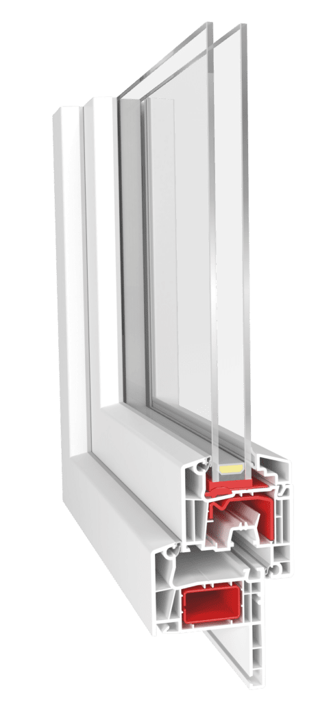 Cross‑section of a white white PVC window frame with a double-glazed glass pane