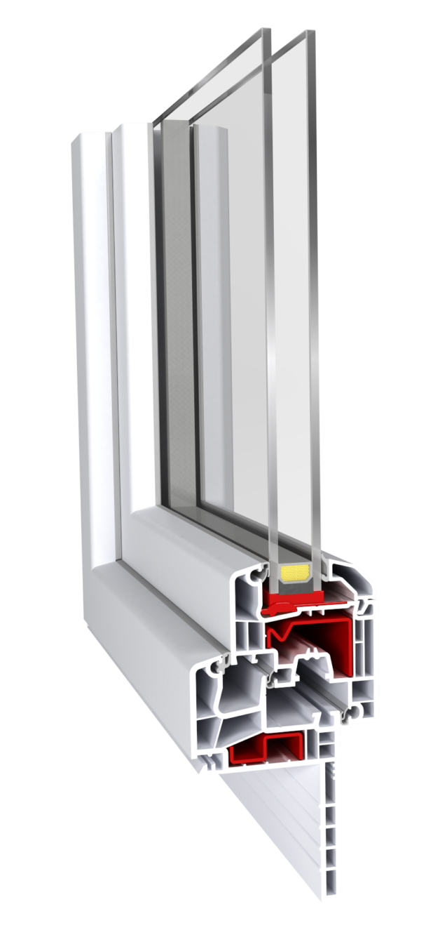 Cross-section view of a white uPVC window frame with a double-glazed glass pane showing seals and red insulating chambers.