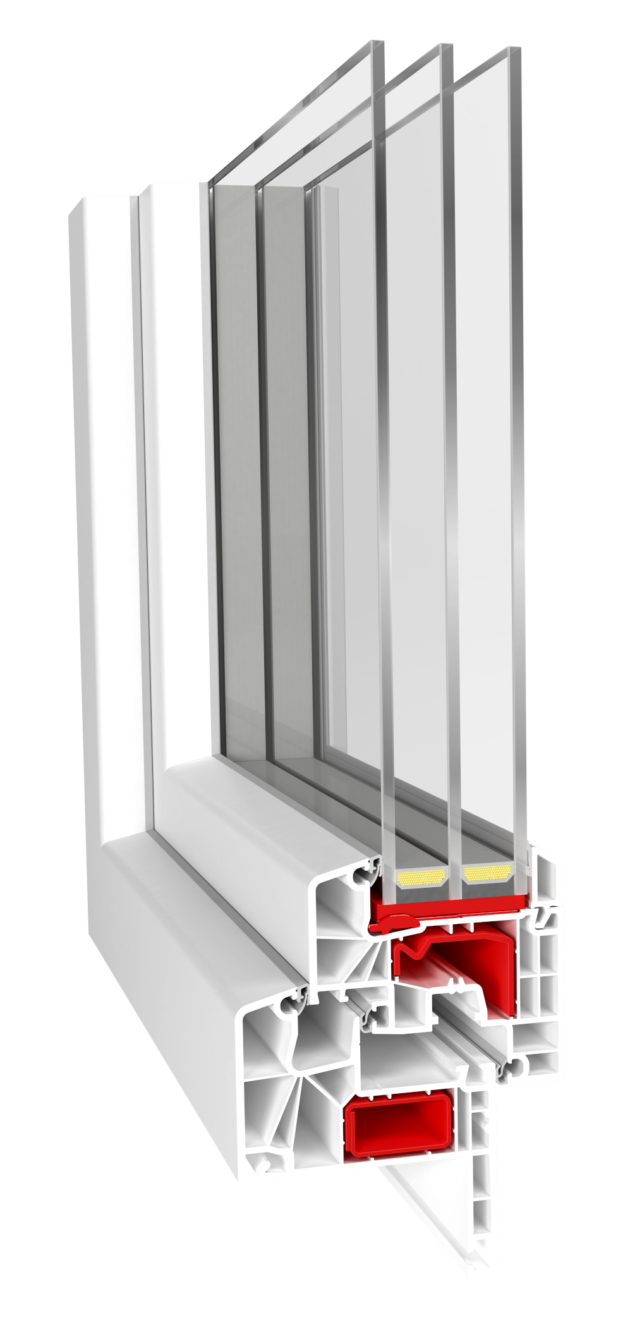 Cross-section of a white PVC window frame with three glazing panes and red spacer blocks, showing insulation chambers.