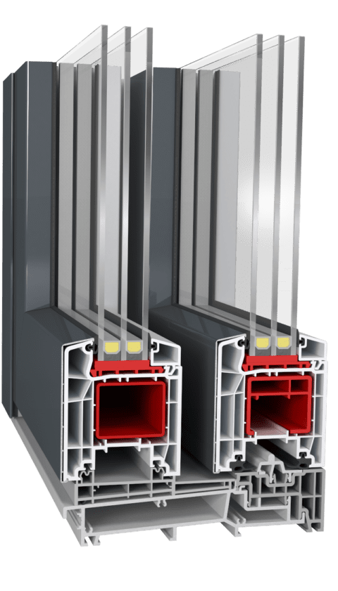 Cross-section of a double-glazed window frame showing multiple internal chambers and red insulating spacer between panes
