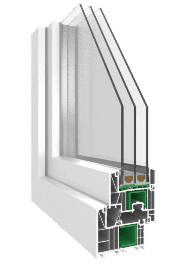 Cross-section of a white window frame profile showing multiple internal chambers and seals