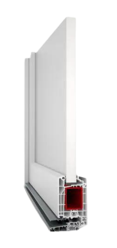 Cross-section of a white uPVC window frame profile showing internal chambers and a red insulation spacer