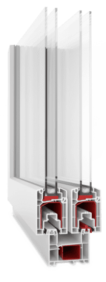 Cross-section of a white PVC window frame showing triple-glazed glass and red insulating chambers