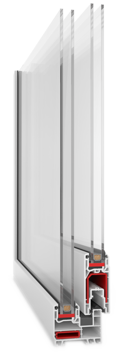 Cross-section of a white uPVC window frame showing multiple glass panes and insulating chambers used for energy efficiency.