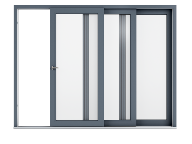 Blue-gray framed sliding glass door with three panels; the left panel is open, revealing a metal handle on the door.