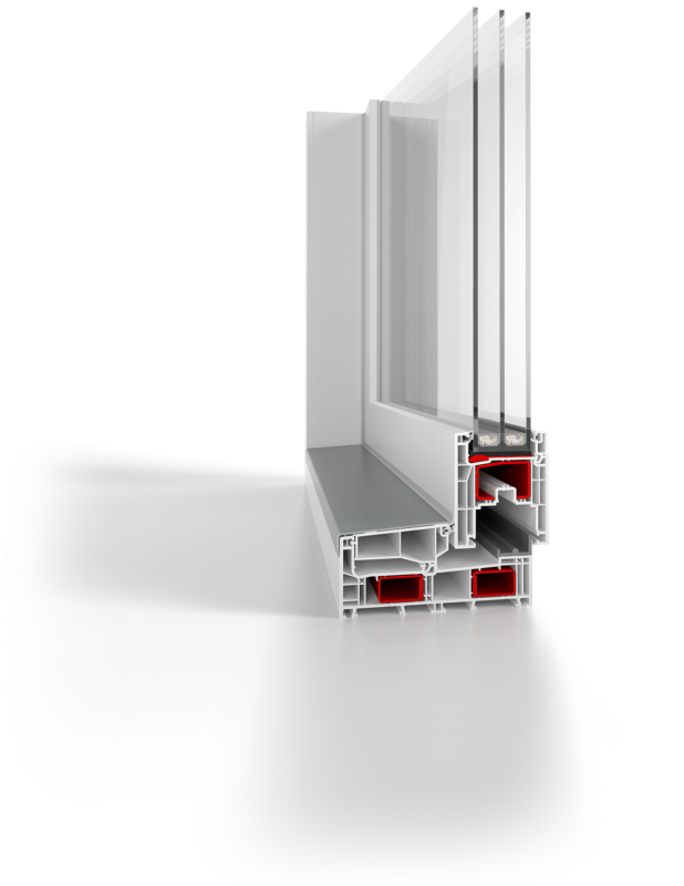 Cross-section of a white multi-chamber PVC window frame with glass sash and red seals, showing internal chambers and insulation.