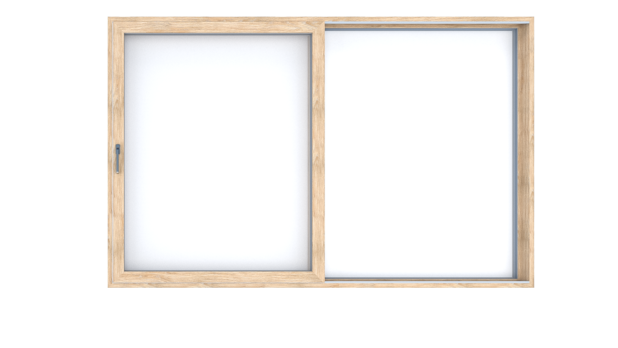 Two-section wooden window frame with a left sliding pane that has a handle, and a right fixed pane.