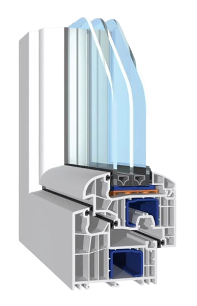Cross-section cutaway of a multi-chamber PVC window frame with triple-glazed glass panes showing insulating chambers and spacers.