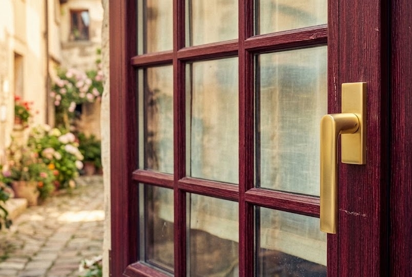 Redwood-framed glass door with a brass handle, opening to a sunny courtyard with potted flowers and a cobblestone path.