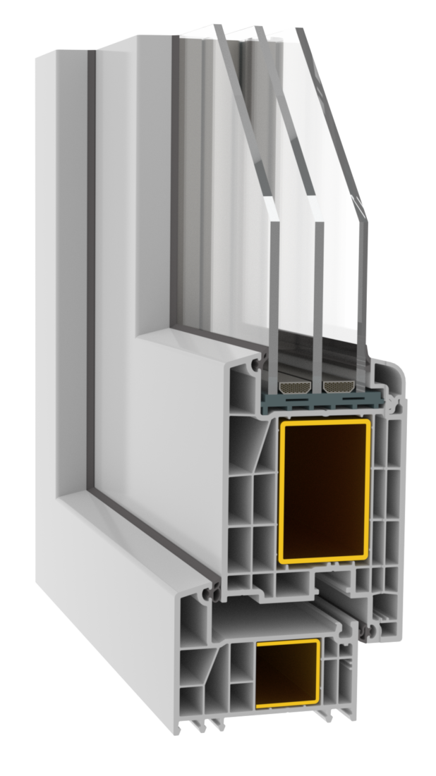 Cross-sectional view of a white PVC window frame with triple-glazed glass and internal spacers, illustrating the insulated chamber design.