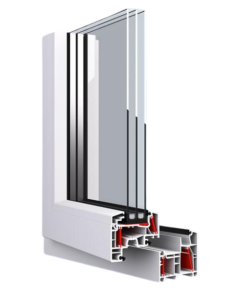 Cross-section of a white PVC window frame showing triple-glazed glass panes and insulated chambers