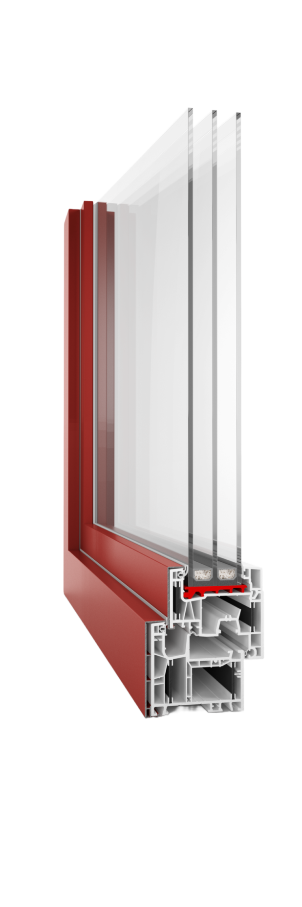 Cross-section of a red multi-pane window frame with four insulated glass panes.