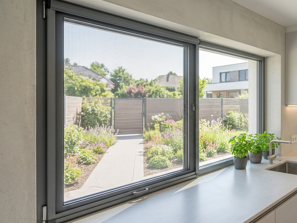 Kitchen window with a view of a landscaped garden and a path outside; two potted herbs sit on the windowsill.