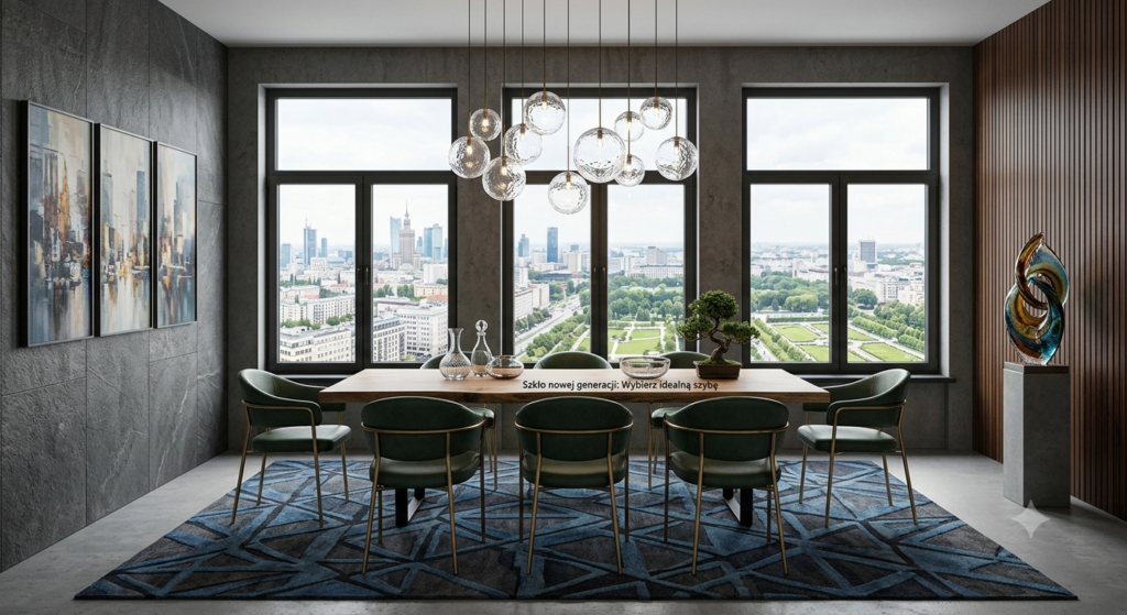 Modern dining room with a wooden table and green chairs, large windows overlooking a cityscape; contemporary chandelier hanging above; decorative rug and bonsai on the table.