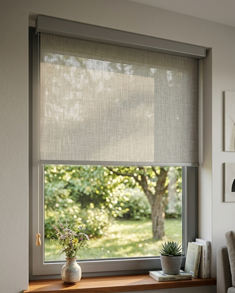 Window with a light roller blind; windowsill holds a vase of wildflowers, a succulent, and some books, garden visible outside.