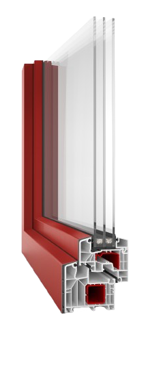 Cross-section of a red PVC window frame with double-glazed glass and white spacer bars, showing insulation channeling around the glass
