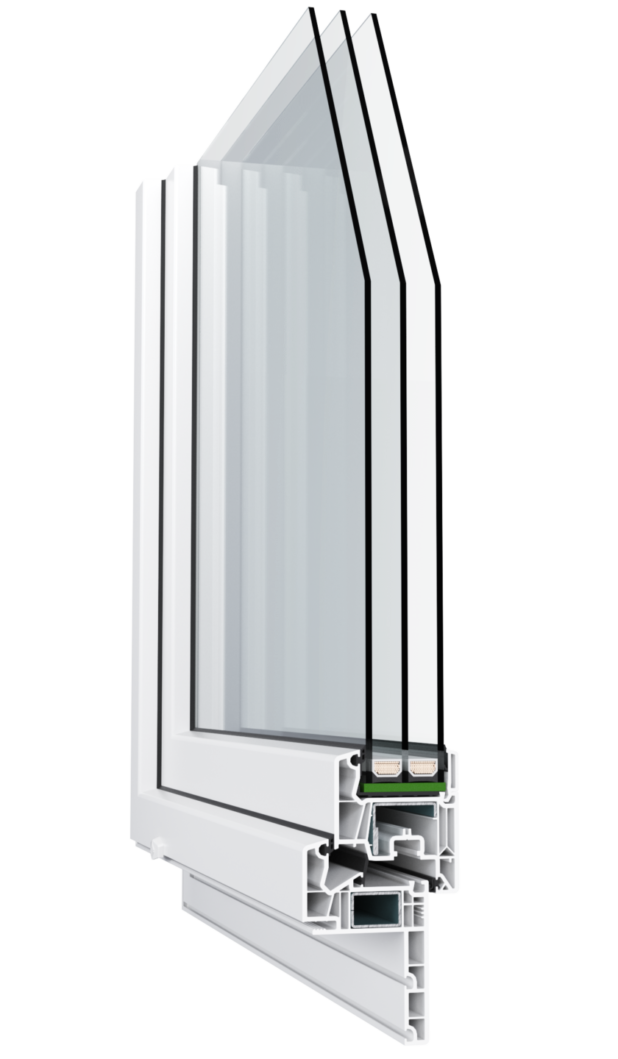 Cross-section cutaway of a white window frame showing glazing and multi-chamber profile