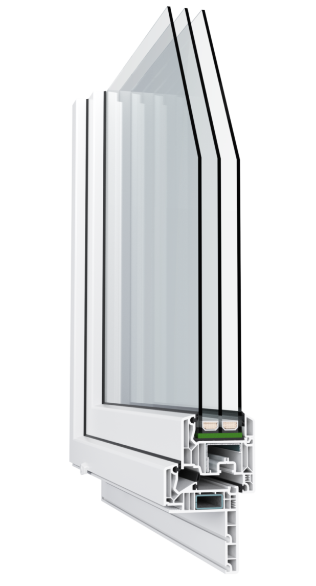 Cross-section view of a white PVC window frame showing glazing and insulating seals.