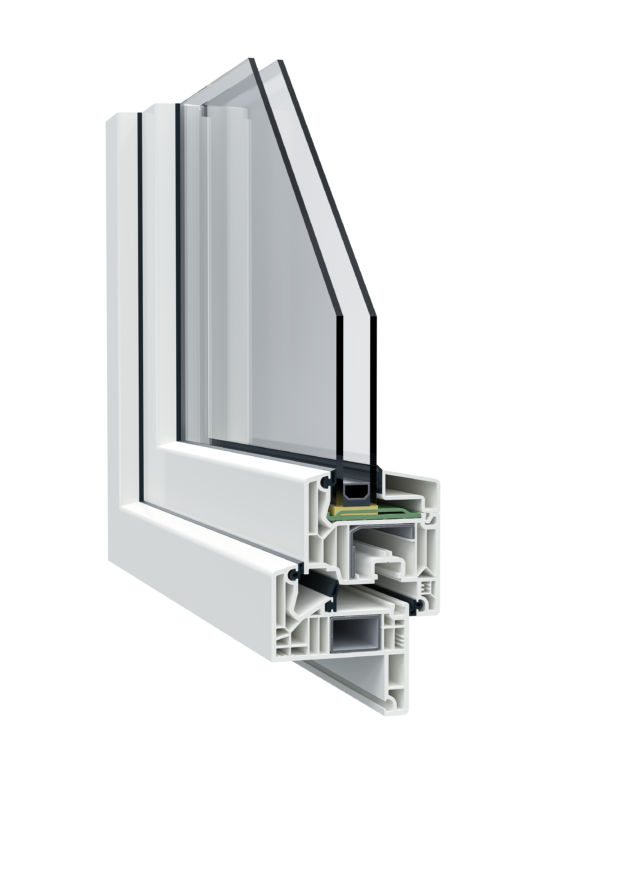 Cross-section of a white uPVC window frame showing multiple insulated glass panes and hollow chambered profile edge designs.