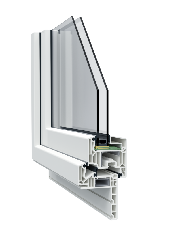 Cross-section of a white PVC window frame with multi-chamber insulation and double glazing.