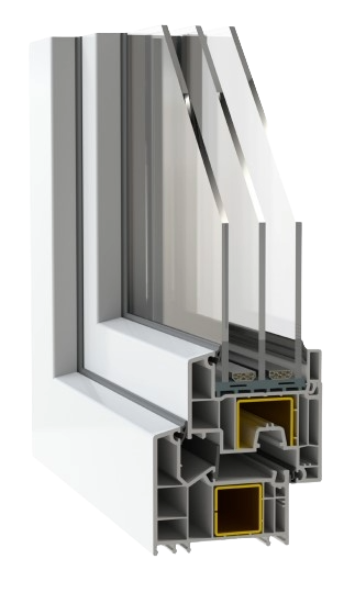 Cross-section of a white PVC window frame with double-glazed glass, showing internal chambers and seals.