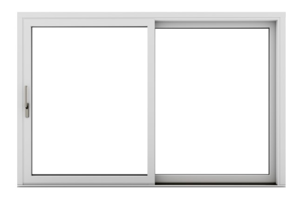 Double-pane sliding window with a white frame, featuring a left fixed panel and a right operable panel, handle on the left side.