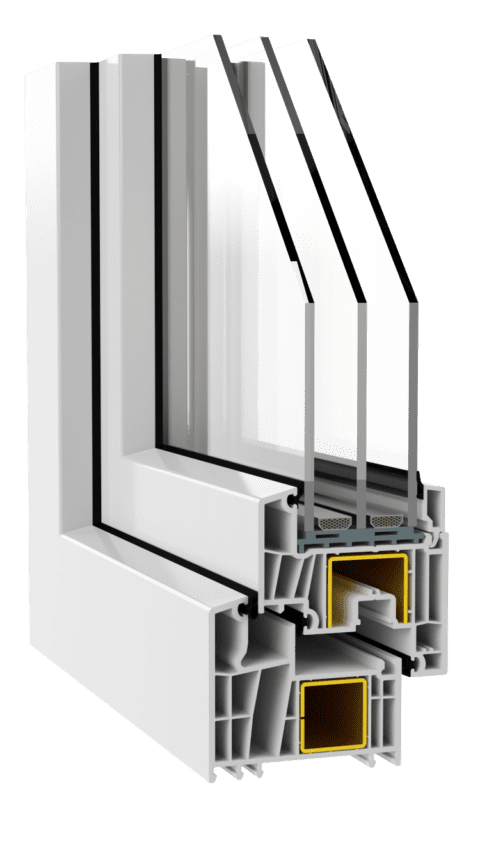 Cross-section of a white insulated window frame showing multiple glass panes, seals, and hollow thermal chambers.