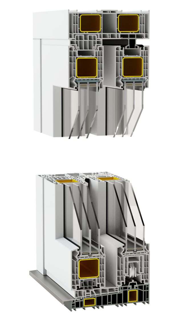 Cutaway of a white multi-chamber PVC window frame showing four glazing units and yellow seals