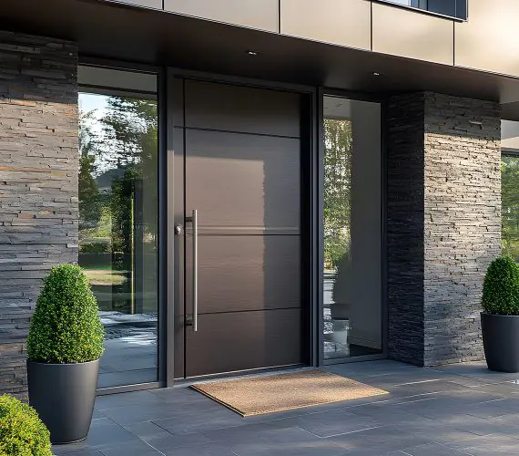 Modern front door in a contemporary home, tall vertical handle, flanked by glass panels and stone walls on a paved entry with potted shrubs off to the sides.