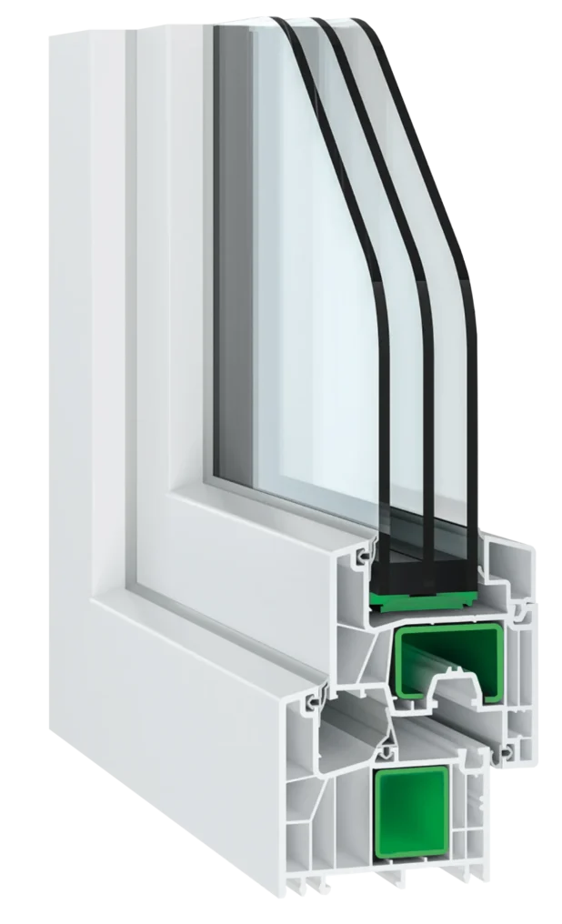 Cross-section of a white PVC window frame with double-glazed glass and green seals inside the profile.